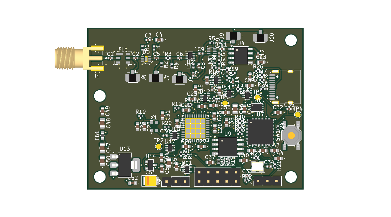 autocosm-rf-v1 validation board — design render; designed and reviewed, not fabricated